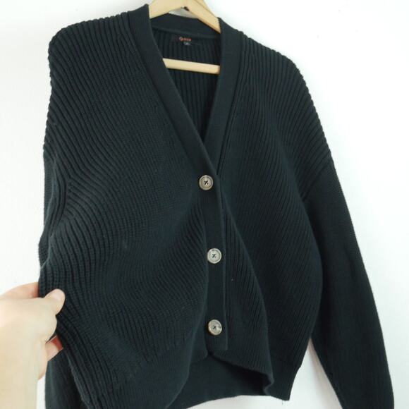 Quince Organic Cotton Fisherman Boxy Cropped Cardigan Large Black Chunky Knit - Picture 5 of 9